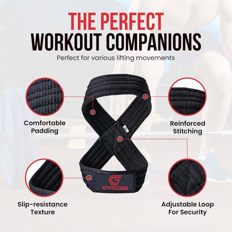 GYMCORE Figure 8 Lifting Wrist Straps - Durable and Comfortable Fitness Equipment Wrist Support Wraps for Men and Women - Breathable Padded Gym Equipment for Weightlifting, and Training